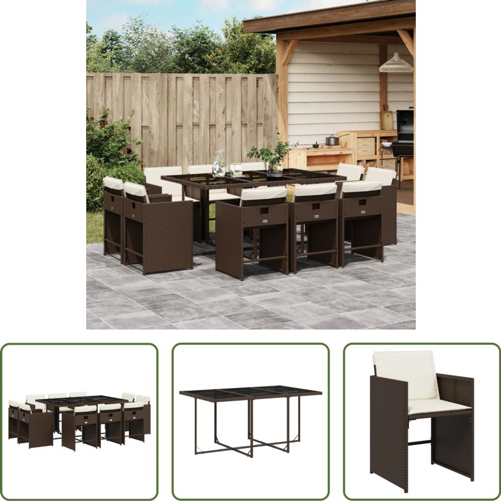 The Living Store 11-tlg. Garten-Essgruppe mit Kissen Braun Poly Rattan