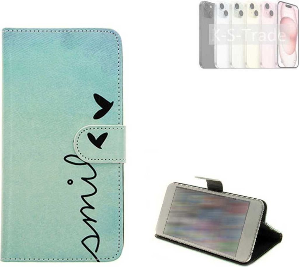 K-S-Trade Schutz Hülle Handy Hülle kompatibel mit Apple iPhone 15 Hülle Handyhülle cover bookstyle Etui Handyhülle “smile“ türkis