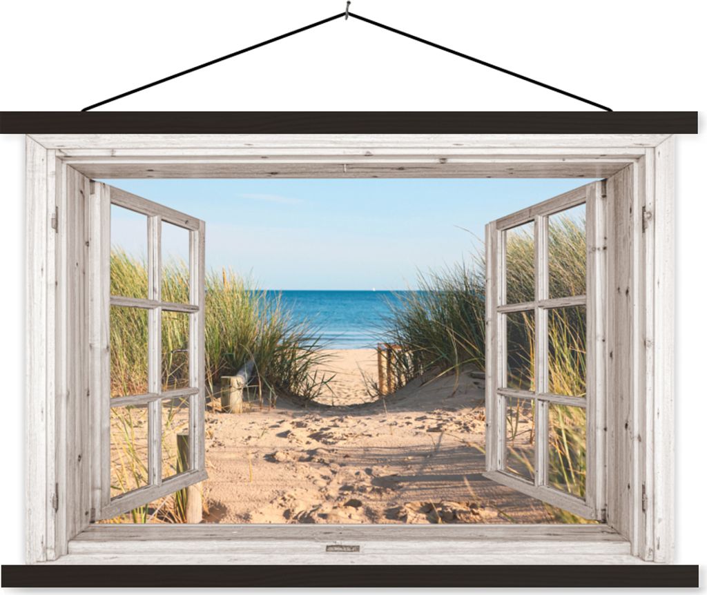MuchoWow Textilposter Durchblick - Strand - Meer - Dünen - Sand - Wasser - Hochgras 90x60 cm mit schwarzem Rahmen - Aufhängungssatz