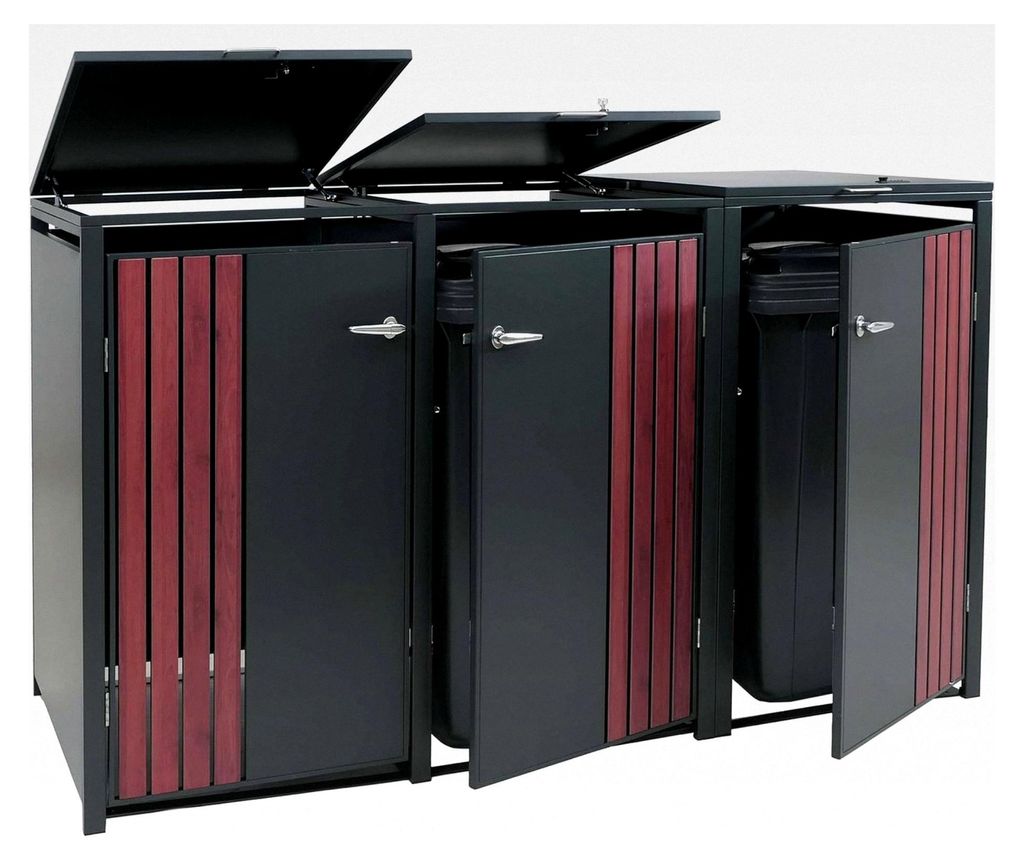 Mülltonnenverkleidung für 3 Tonnen, mit Deckel, Metall 122x200x84cm 83kg - anthrazit Holzoptik dunkel