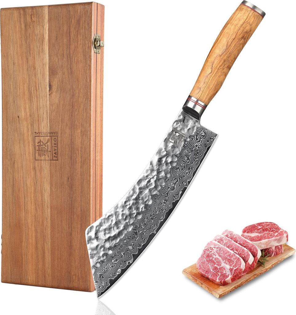 Zayiko Minami Damast Blockmesser I 22,5 cm Klinge I Olivenholzgriff I Holzbox