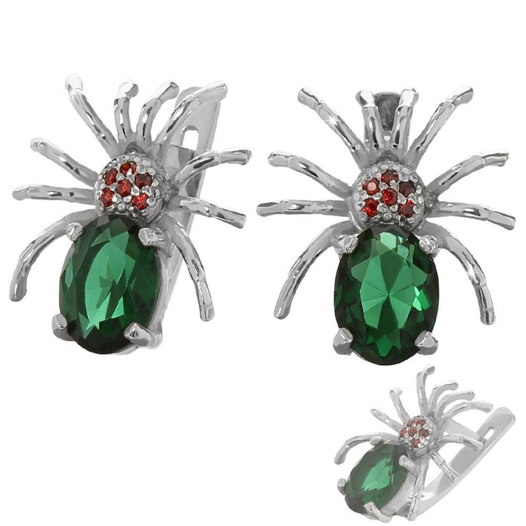 Paar 925er Sterlingsilber Spinne Ohrringe Gothic Zirkonia Grün Und 6 Rote 6183