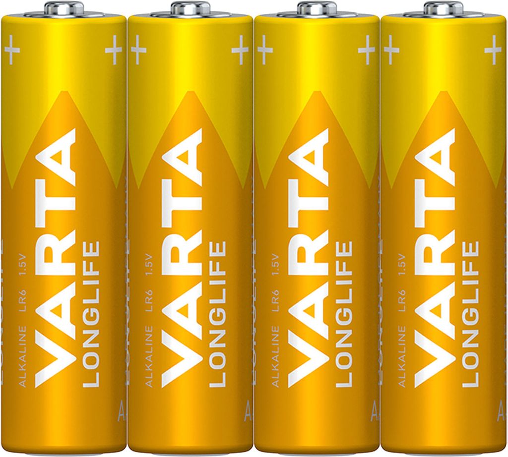 Four Varta Longlife Extra Alkaline AA Mignon batteries are lined up side-by-side against a white background.
