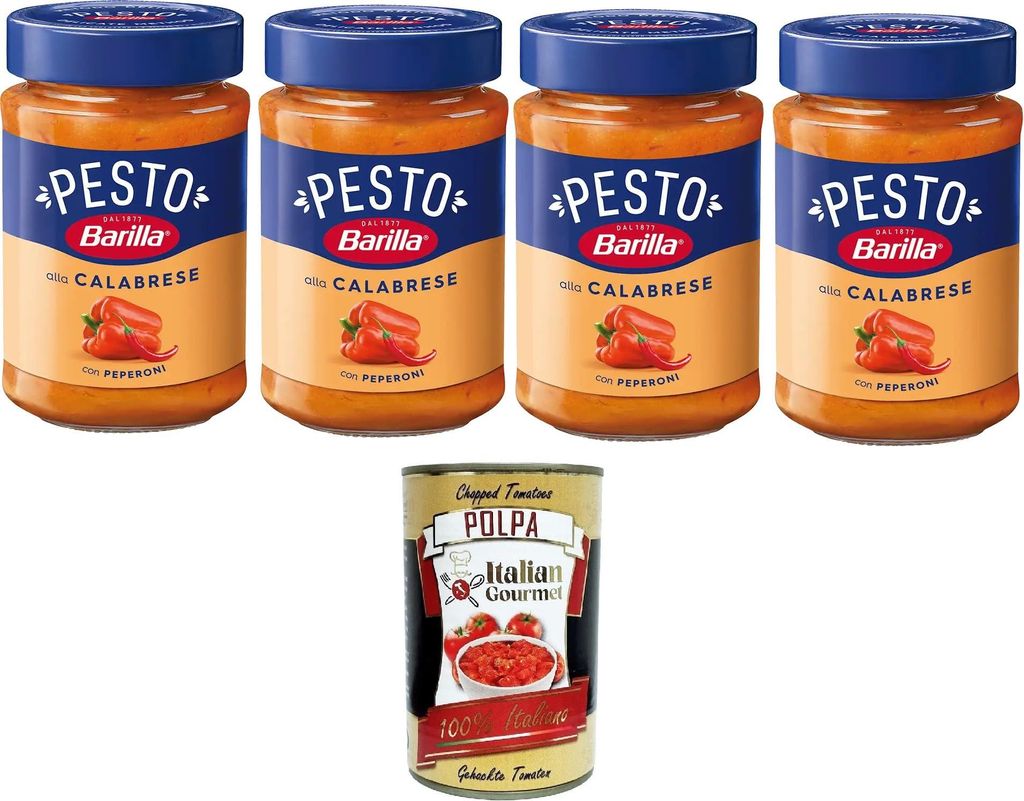 Barilla Pesto Alla Calabrese con Peperoni Condimento e Sugo per Pasta Kalabrisches Pesto mit Paprikagewürz und Pastasauce 4x190gr + Italian Gourme...