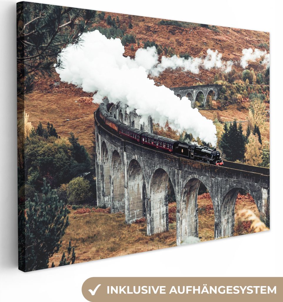 MuchoWow - Leinwandbilder - Zug - Natur - Herbst - Architektur, Wandbild, Wanddeko Bilder Wohnzimmer, 40x30 cm