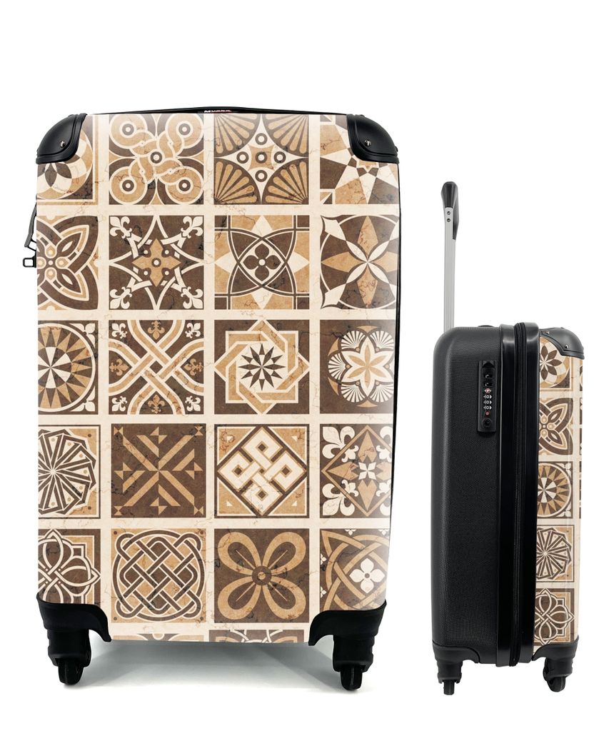 MuchoWow Koffer Handgepäck Trolley Rollkoffer Kleine Reisekoffer mit 4 Rollen - Design - Blumen - Braun - Natur - Vintage - Cabin Size < 55x40x2...