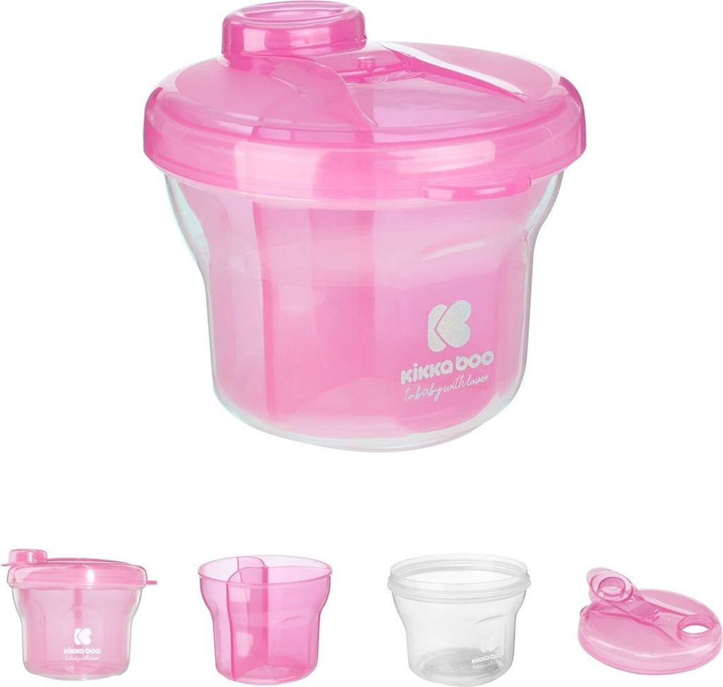 Kikkaboo Milchpulver Behälter 2 in 1 Snackbecher, drei Ablagefächer, Deckel rosa pink