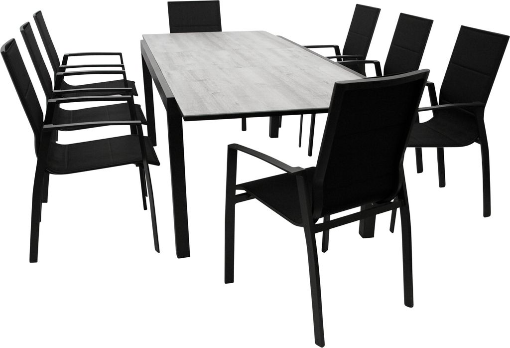 DEGAMO Gartenset Sitzgruppe Gartengarnitur FARO 9-teilig (8x Stapelsessel, 1x Ausziehtisch), Aluminium anthrazit + Kunstgewebe schwarz