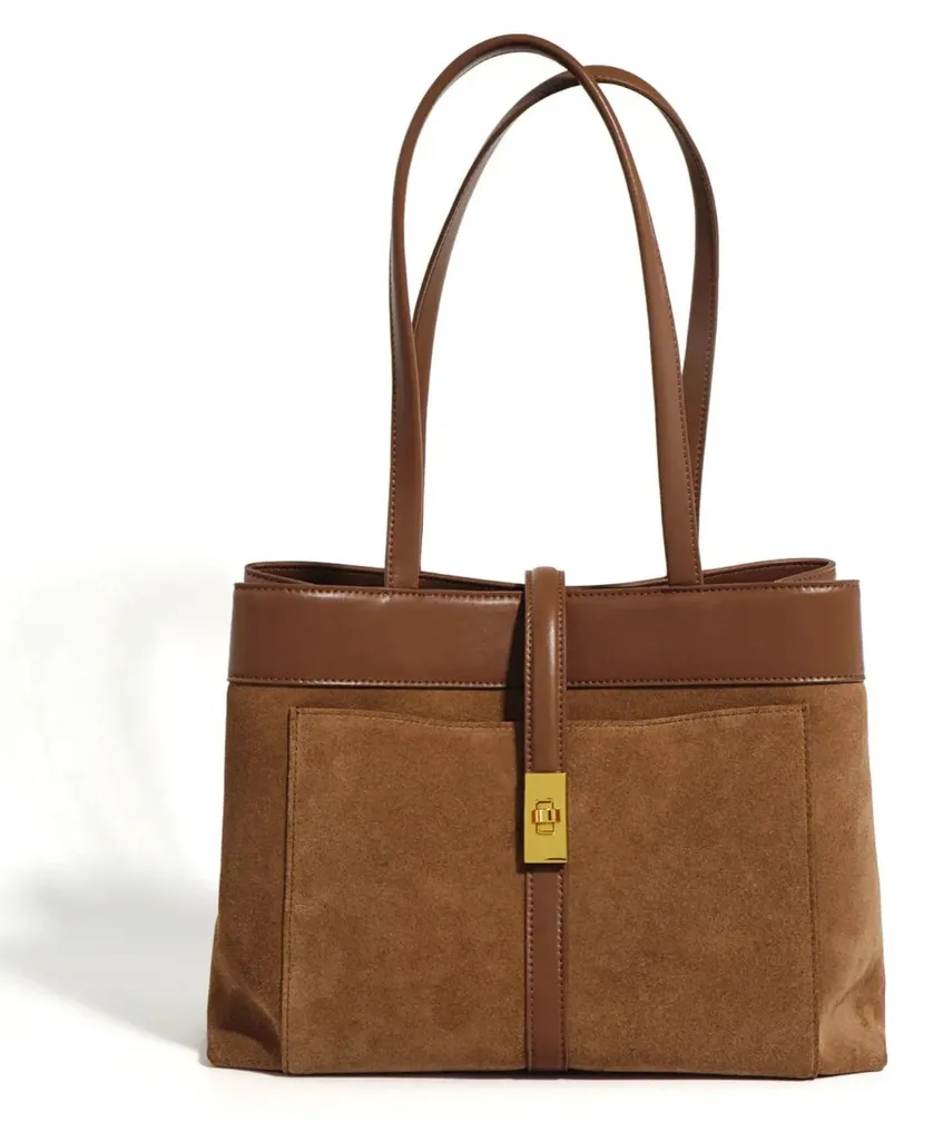 Sac de travail cabas pour femme en daim marron, format A4 et chic