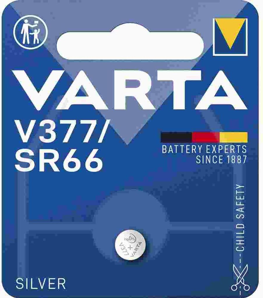 A Varta V377/SR66 silver battery in its retail packaging.