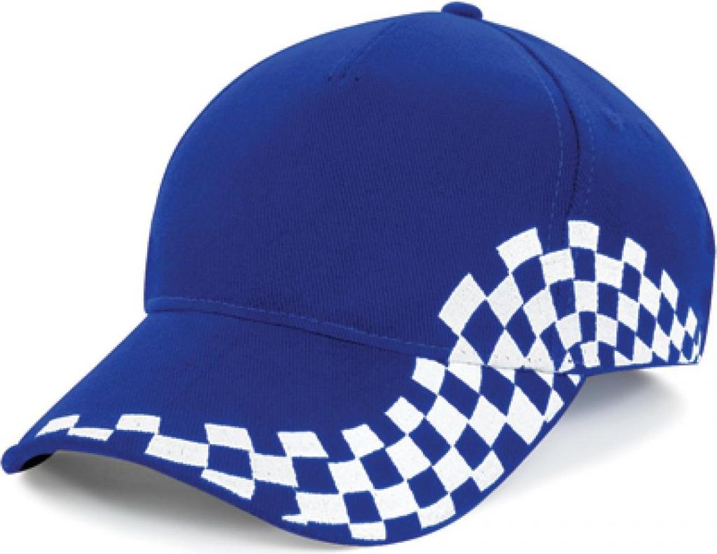 A blue baseball cap with a checkered pattern on the brim and side.