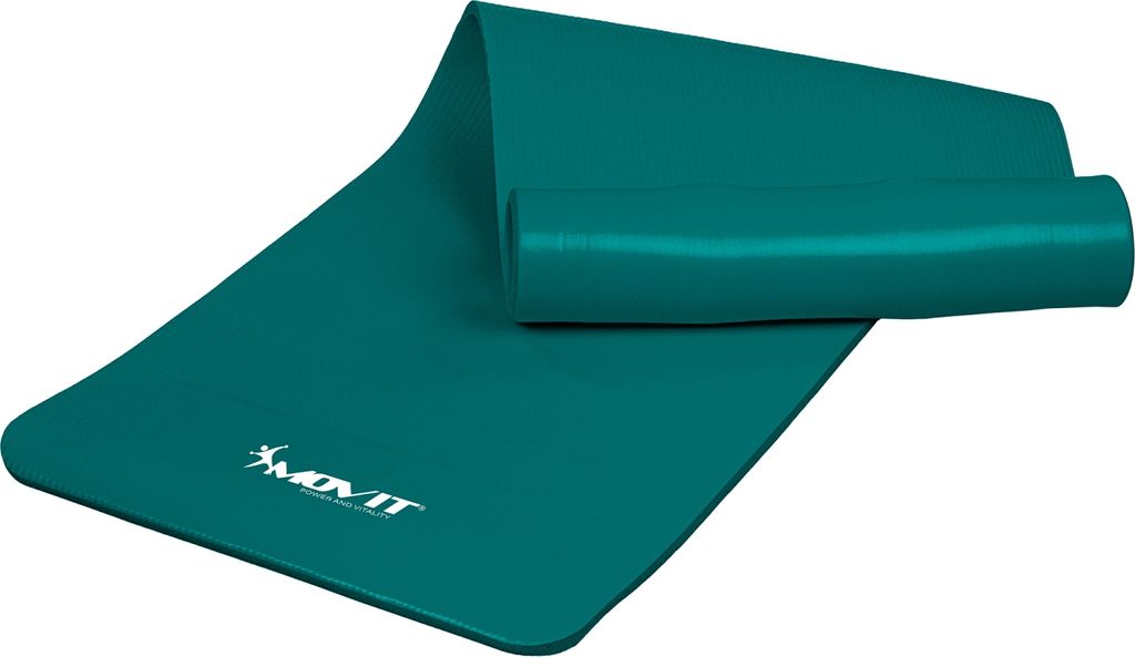 A teal yoga mat is partially unrolled on a white background.