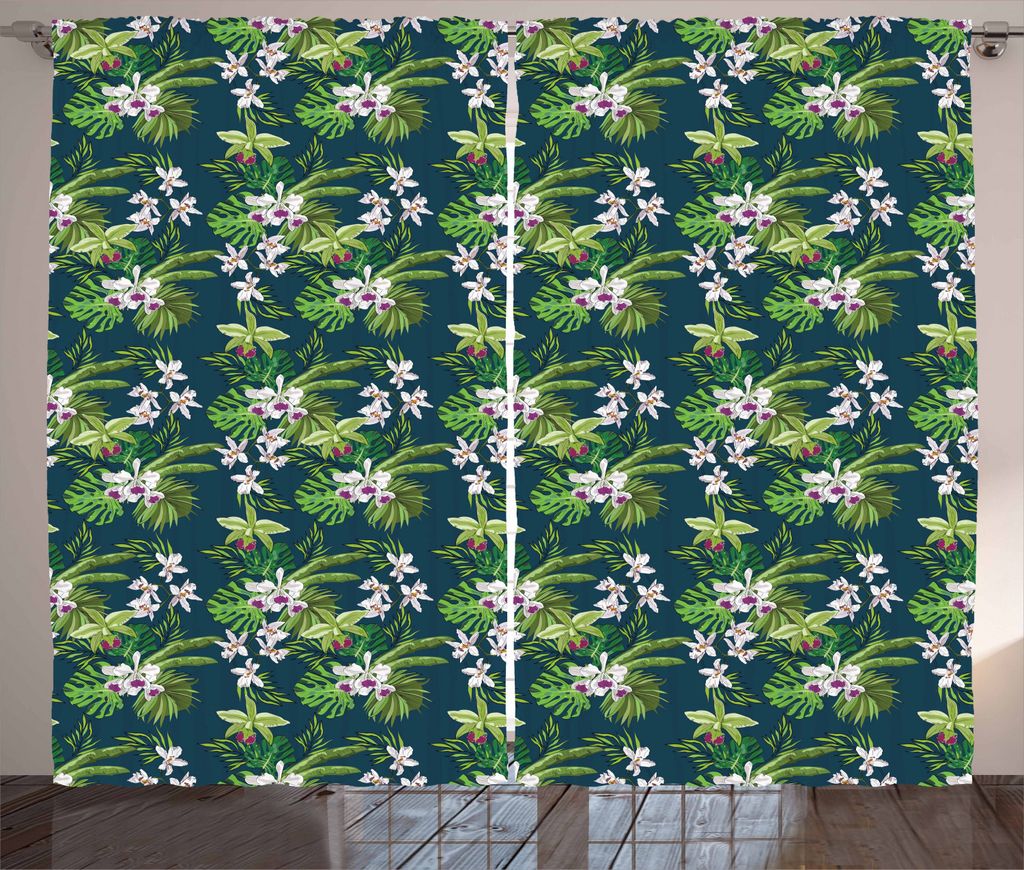 ABAKUHAUS Orchideen Rustikaler Gardine, Banana Leaf Island Jungle, Schlafzimmer Kräuselband Vorhang mit Schlaufen und Haken, 280 x 225 cm, Fern Gr...