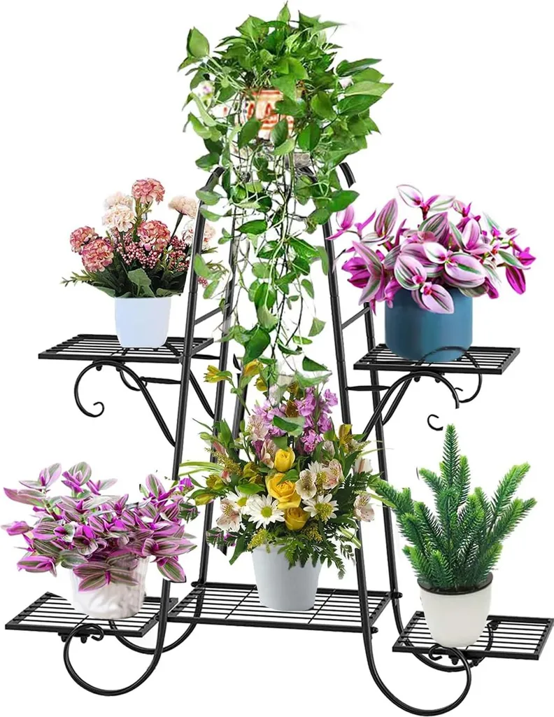 Support de plantes en métal noir 6 étages résistant pour terrasse et salon