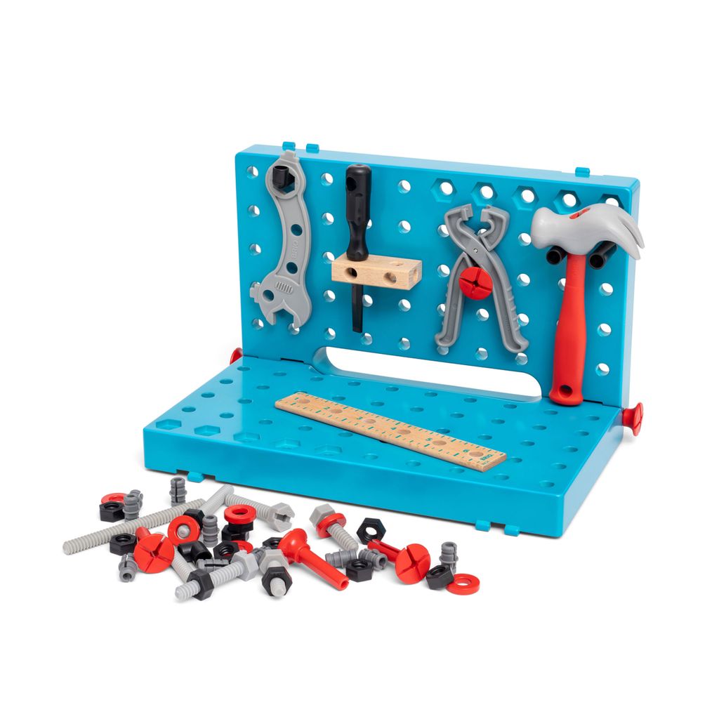 brio BRIO Builder 34596 Werkbank-Koffer - Einstiegs-Set für kleine Handwerker mit Hammer, Schraubenzieher sowie vielen Schrau