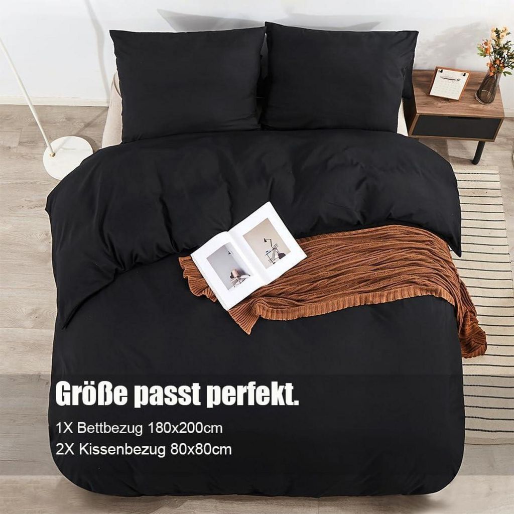 Bettwäsche-Set 180x200 cm Schwarz Mikrofaser Bügelfrei
