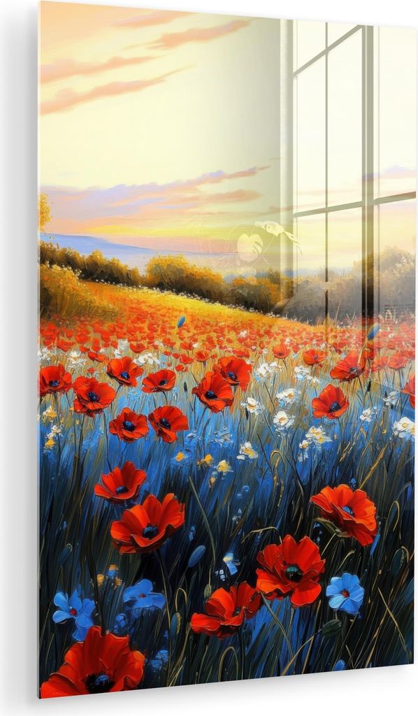 MuchoWow Glasbilder - Bilder auf Wandbild - Foto auf Glas Mohn - Blumenfeld - Farbenfroh 40x60 cm Wanddekoration aus Glas - Acrylglasbild - Acrylbi...
