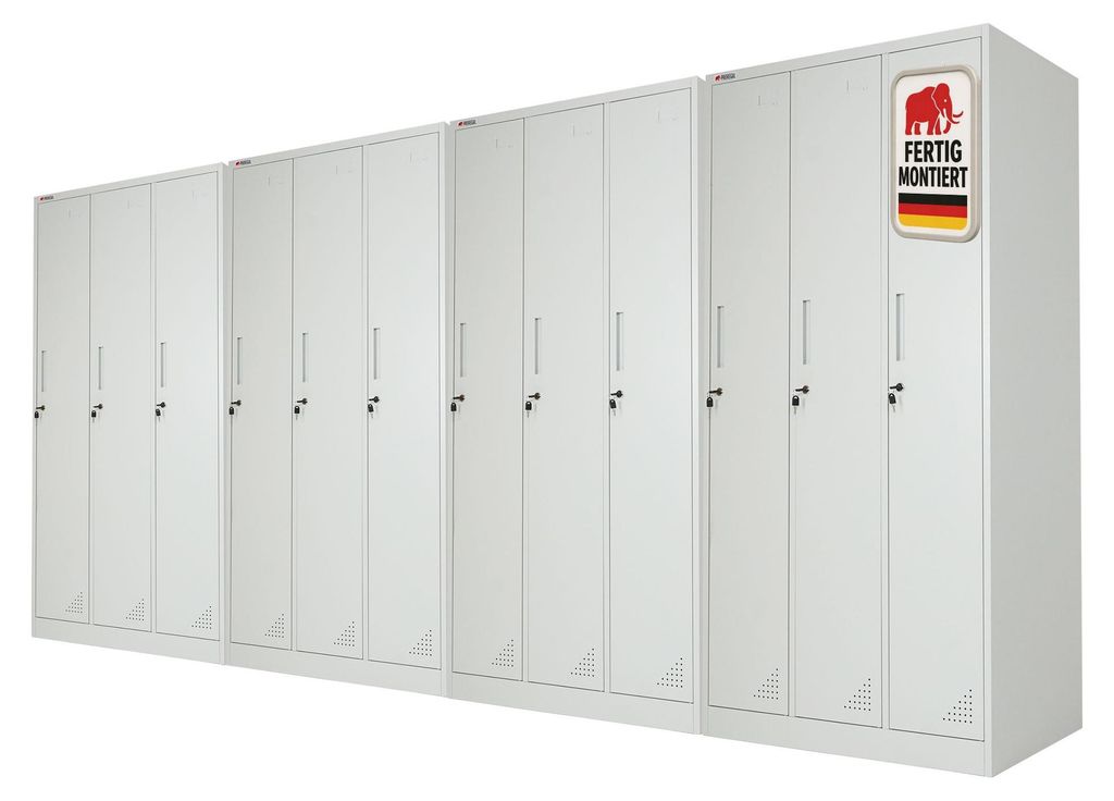 Mega Deal 4x Spind Schrank ELEPHANT Metall komplett montiert | 3 Abteile, abschließbar | HxBxT 180x90x50cm | mit Kleiderstange, 2 Fächern & 3 Kle...