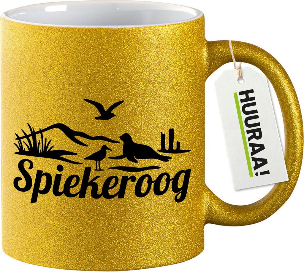 Huuraa Glitzertasse Spiekeroog Strandmotiv 330ml Gold Keramik Kaffeebecher Geschenkidee