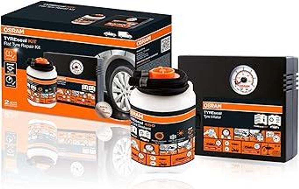 OSRAM TYREseal Kit, Reifendichtmittel 450 ml und analoger Reifenkompressor, Reifenreparatur Set, Reparatur in 10 Minuten