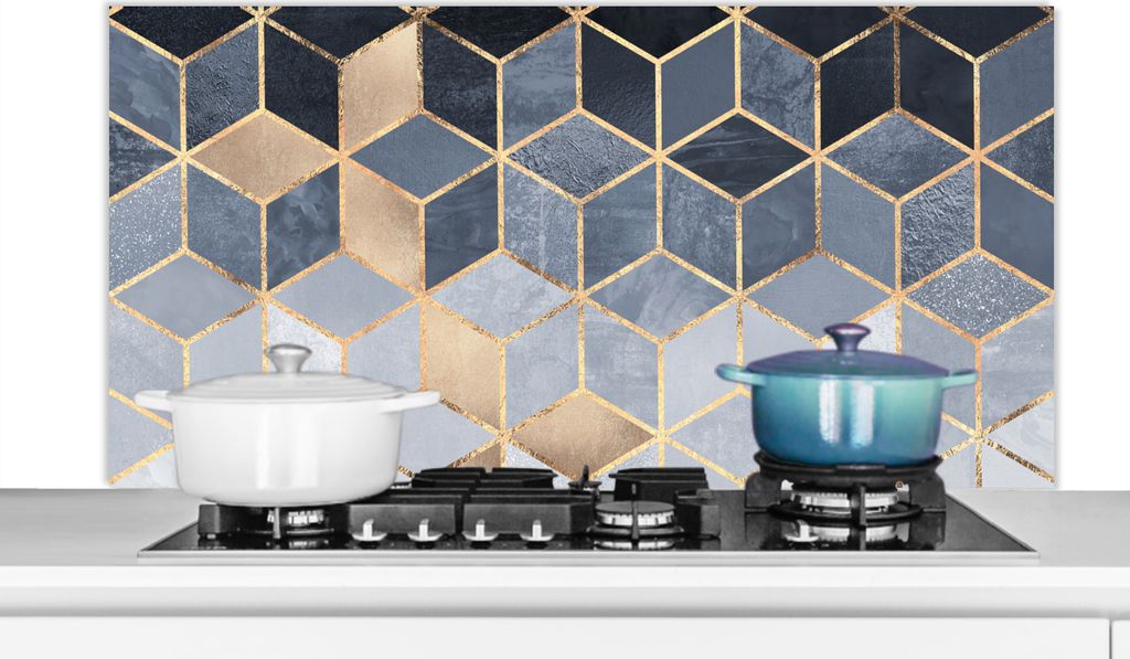 KitchenYeah Spritzschutz Küche - Küchenrückwand - Wandschutz für Herd und Spüle - Würfel - Gold - Muster 120x60 - Alu-Dibond (Alternative ...