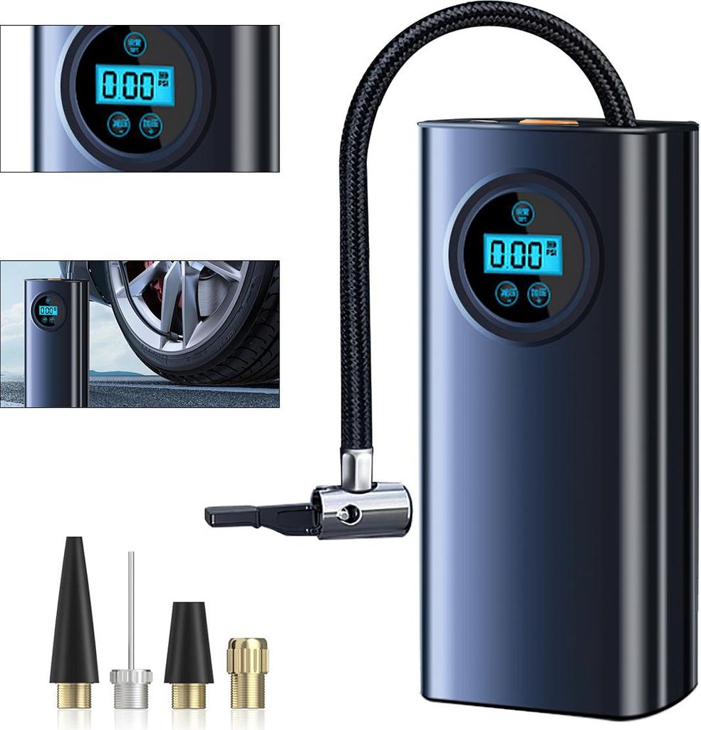 Kabellose Auto-Luftpumpe, digitale Anzeige, Schnellladung, Smart-Druck, wiederaufladbar, schwarz