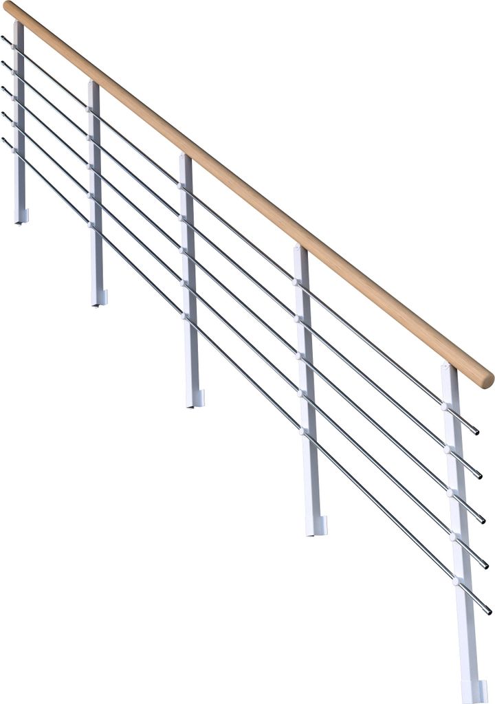 Treppengeländer Modell Kos Gerade-14 Stufen-Metall-Eiche-Weiß RAL 9003