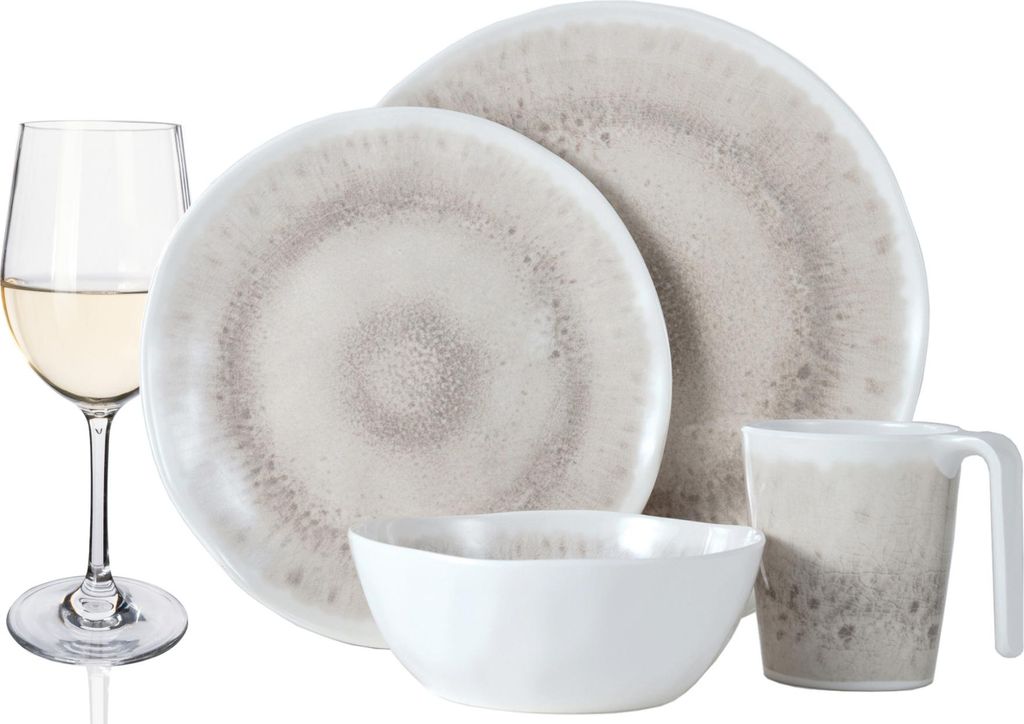 Melamin Camping Geschirr Set 4 Personen Amboss Design 16 Teilig + 4 Weißweingläser Weingläser Weisswein Tafelgeschirr Picknick BBQ Kochgeschirr