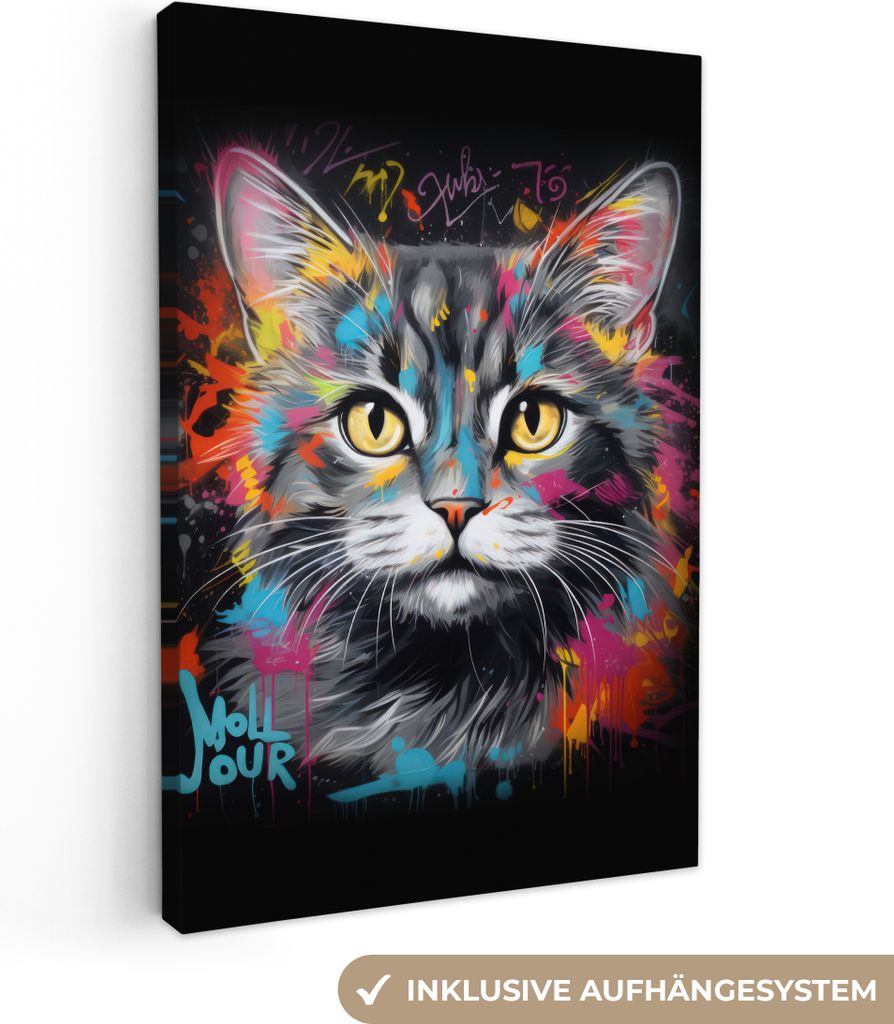 Leinwandbilder 80x120 cm - Graffiti - Katze - Tiere - Farben - Grau, Bilder Wohnzimmer Modern, Wanddeko