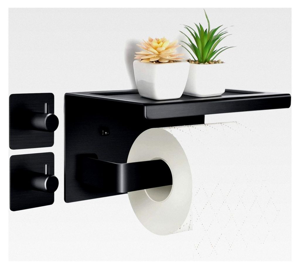 Toilettenpapierhalter ohne Bohren aus Aluminium mit 17 cm Ablage, selbstklebende WC-Papierhalterung mit 2 Klebehaken zur Wandmontage für Küche un...