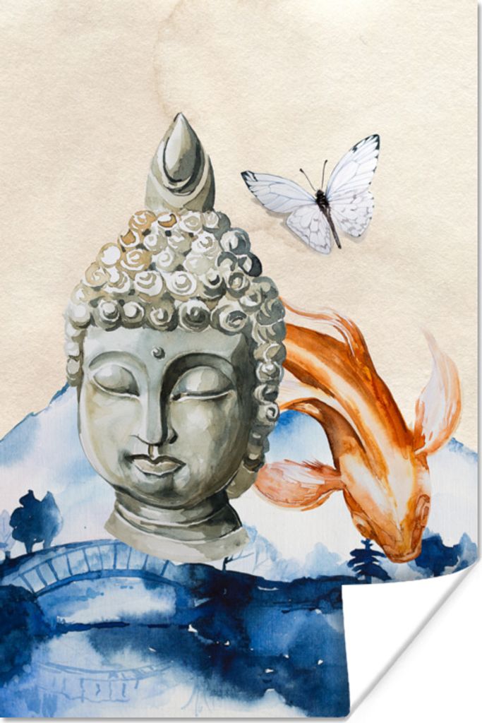 MuchoWow Poster Buddha - Kopf - Wasser 40x60 cm - Plakate für die Wand - Poster Babyzimmer