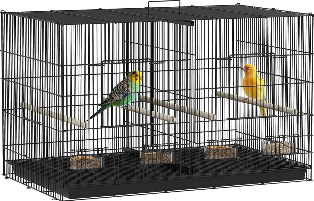 Cage pour oiseaux avec cloison et roulettes noire 76x46x116 cm