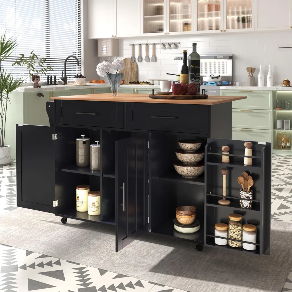 Desserte Cuisine Noire 129cm : Gagnez de la Place avec le Plan Pliable