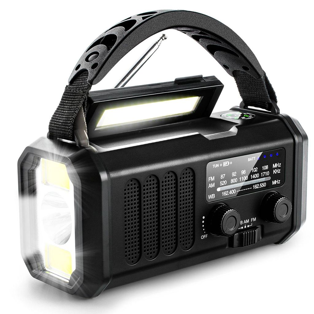 AIORBER LED Taschenlampe 10000mAh mit Solar & Kurbel, Notfallradio AM/FM/WB, SOS Alarm, Powerbank Funktion, Outdoor Camping Lampe – Schwarz