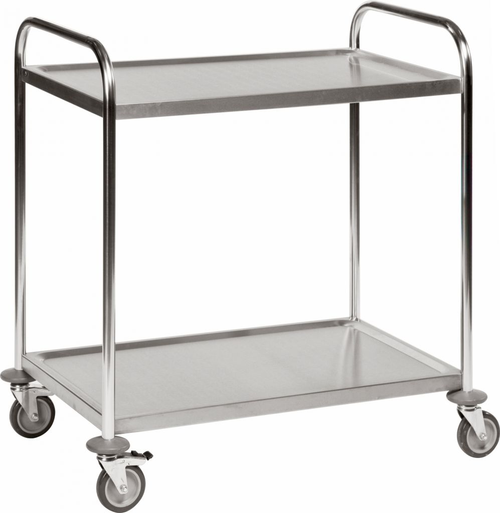 Kongamek Edelstahl- Tischwagen rostfrei mit 2 Böden 825x500mm mit Polyurethanbereifung und Bremse