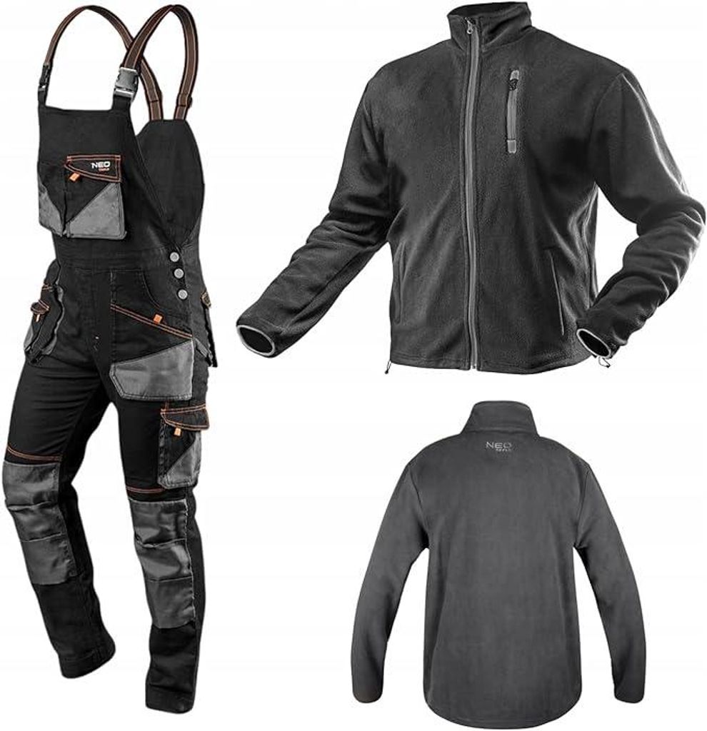 NEO TOOLS Arbeitskleidungs-Set HD Slim (Größe S-3XL) – Latzhose mit Gürtel und Polar-Fleecejacke