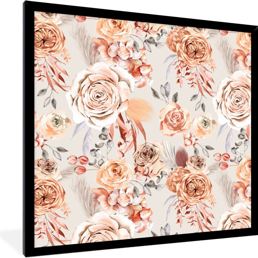 MuchoWow Gerahmtes Poster Rosen - Gold - Chic 40x40 cm - Poster mit Schwarzem Bilderrahmen Wandposter Rahmen Foto Bilder - Mit Rahmen - Wanddekor...