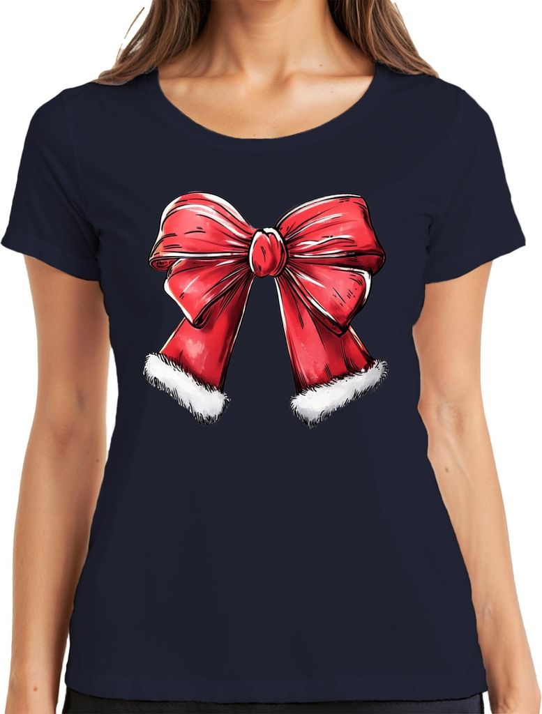 Weihnachtsschleife rot Pelzrand Geschenk festlich Vintage Damen T-Shirt, Navy, 3XL