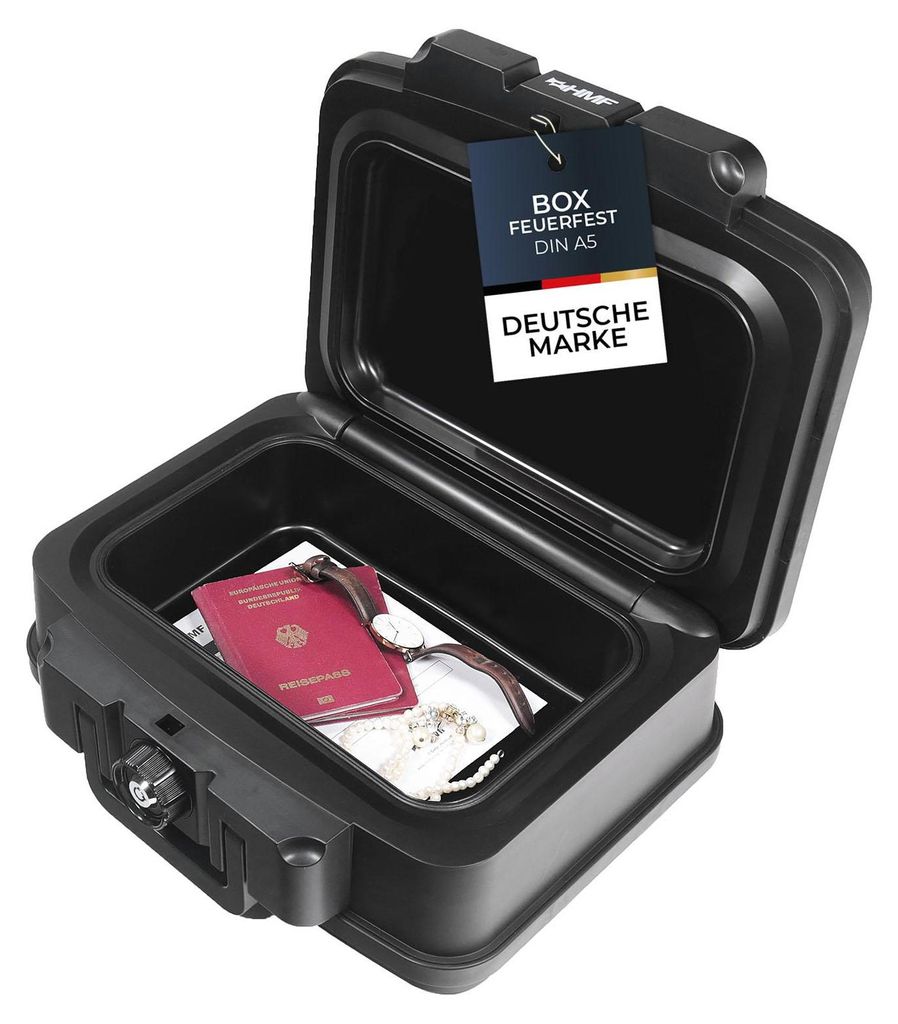 HMF 250451 Feuerfeste Wasserdichte Dokumentenbox, DIN A5, 38,5 x 16,5 x 28 cm, Schwarz