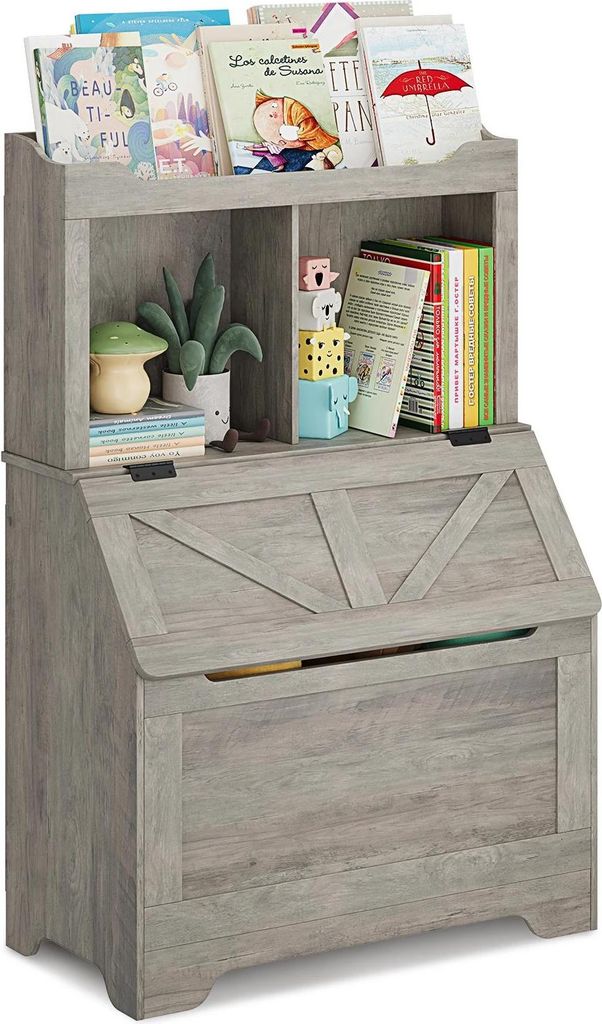 Kinder-Bücherregal & Spielzeugaufbewahrung - 3-stöckiges Holzregal mit Klappdeckel - Kippschutz - Für Kinderzimmer & Kindergarten - Grau
