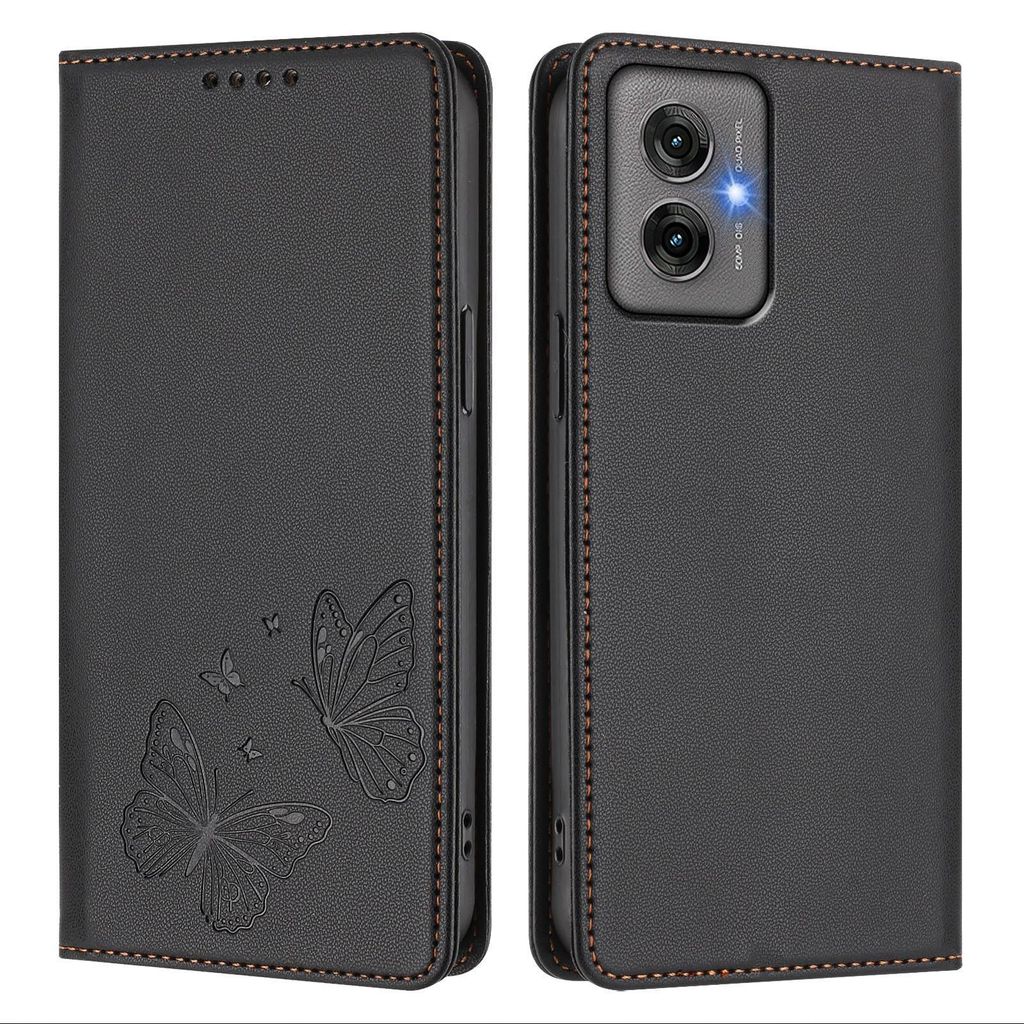 Lederhülle für Motorola Moto G55, Schmetterling Prägung Leder Brieftasche Schutzhülle mit Ständer Schwarz