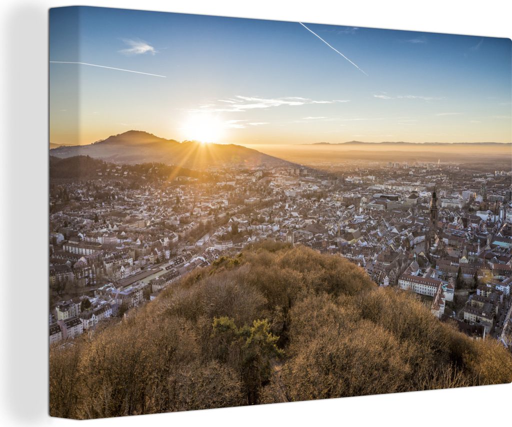 OneMillionCanvasses - Leinwandbilder - 140x90 cm, Sonnenaufgang in der deutschen Stadt Freiburg, Wandbilder Kunstdruck Wanddekoration - Foto auf ...