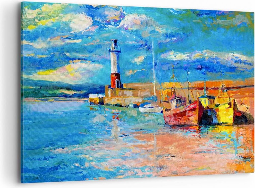 Bild auf Leinwand - Leinwandbild - Leuchtturm Meer - 120x80cm - Wand Bild - Wanddeko - Wandbilder - Leinwanddruck - Bilder - Kunstdruck - Wanddekor...