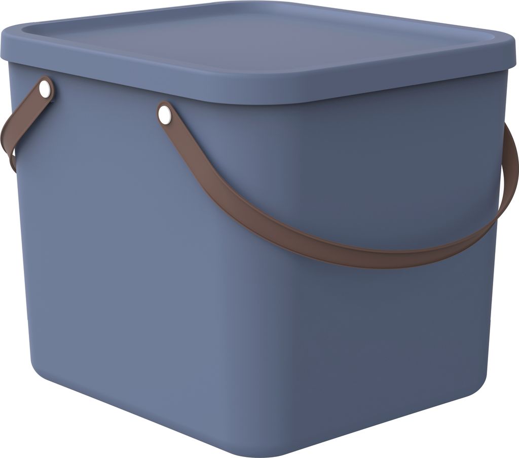 A blue storage bin with a brown handle and lid, shown against a white background.