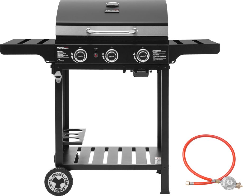 Royal Gourmet Gasgrill 3 Brenner Grillwagen mit Klappbaren Seitenablagen, Standgrill mit Edelstahl Brenner 9 kW Schwarz