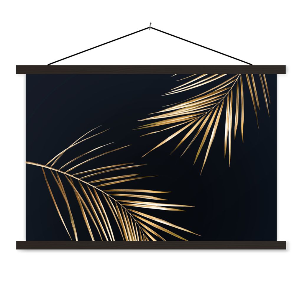 MuchoWow Textilposter Blätter - Pflanzen - Gold - Schwarz - Luxus 90x60 cm mit schwarzem Rahmen - Aufhängungssatz