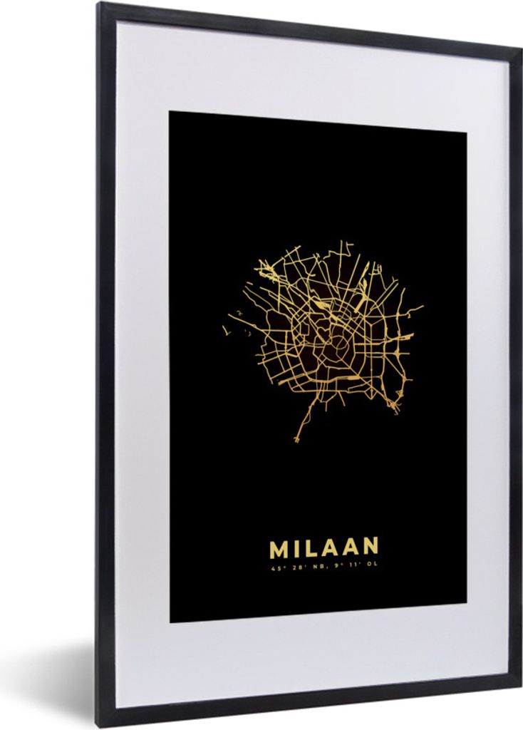 MuchoWow Gerahmtes Poster Mailand - Karte - Gold - Schwarz 40x60 cm - Poster mit Schwarzem Bilderrahmen Wandposter Rahmen Foto Bilder - Poster in...