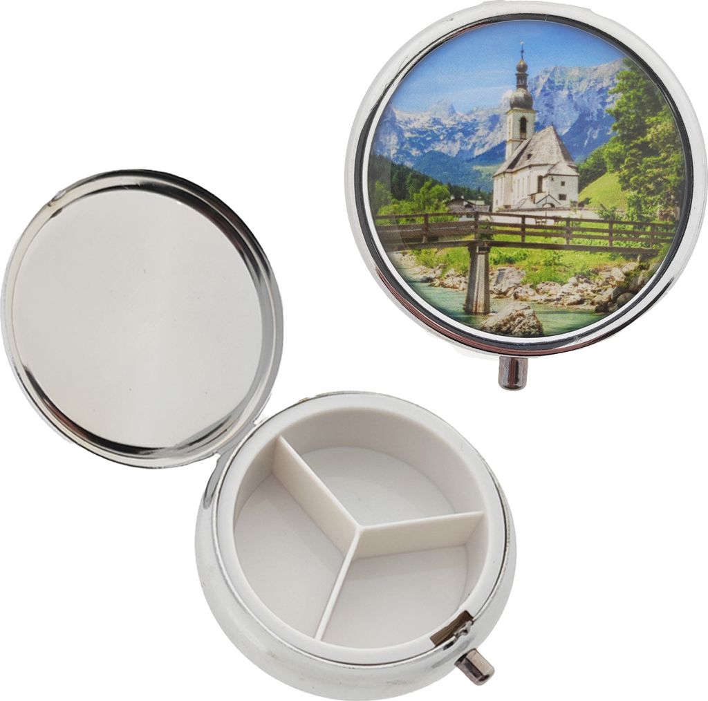 Metall Pillendose mit Bergmotiv - Praktische Tablettenbox für Reisen & Alltag - 3 Fächer Farbig 1 Stück
