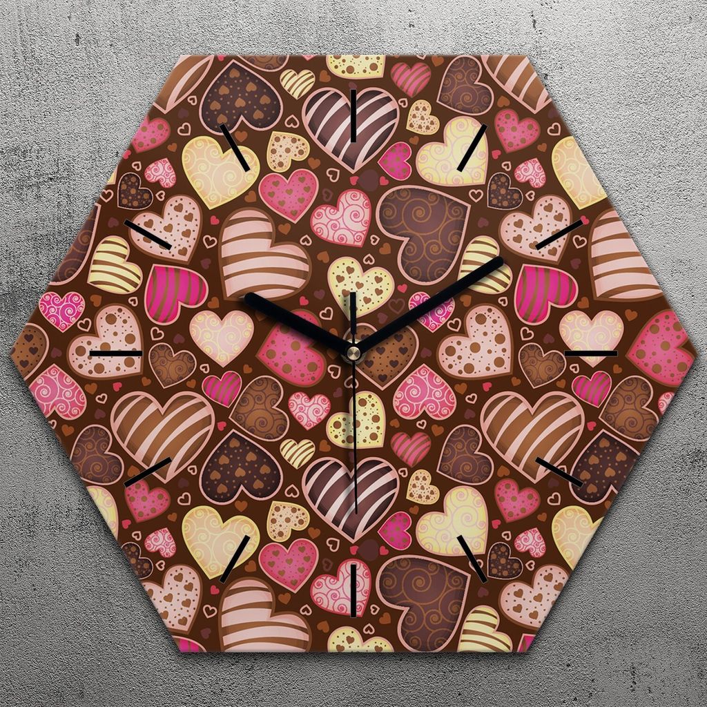 Uhr hexagonal 40 cm Glas Geräuschlos schwarze Zeiger - schokolade Muster