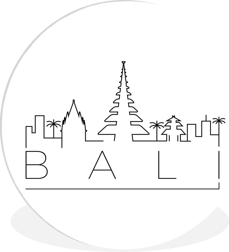 MuchoWow Rundes Wandbild - Runde Bilder Skyline "Bali" schwarz auf weiß Ø 90 cm Kreis Wanddekoration Kunststoff - Wandkreis - Wandschmuck - Wan...